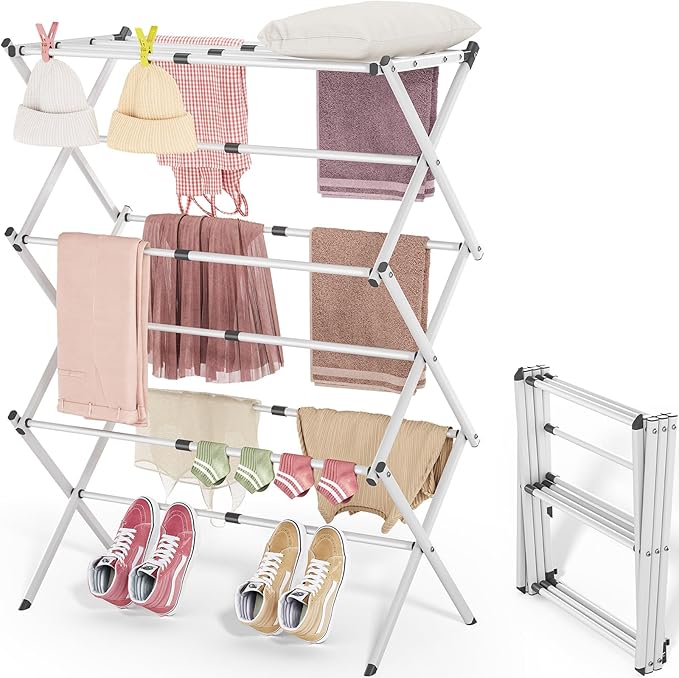 APEXCHASER Clothes Drying Rack, 3-Tier Laundry Drying Rack for Clothes, Expandable Metal Clothing Dryer, Collapsible Towel Rack, Air Drying Rack, White-Ruum Studio Home