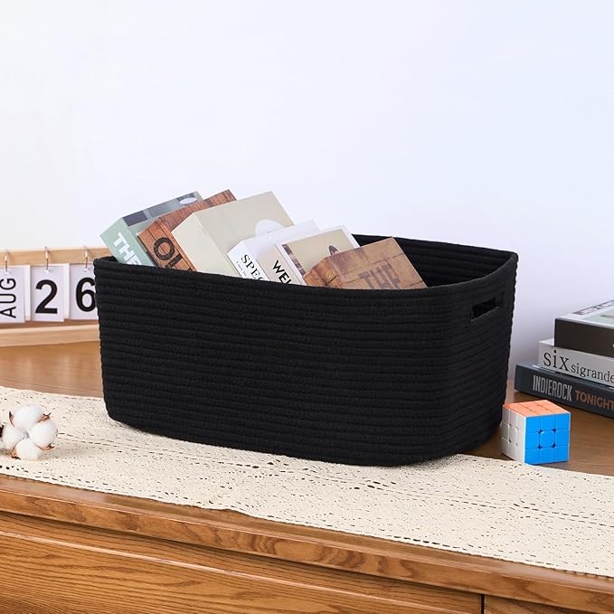 Large Storage Baskets for Organizing, Closet Shelf Baskets for Clothes Blanket Towels, Baby Nursery, Toy Bins Box, Woven Rope Baskets, 17 x 13 x 7.5”, 4 Packs Black-Ruum Studio Home