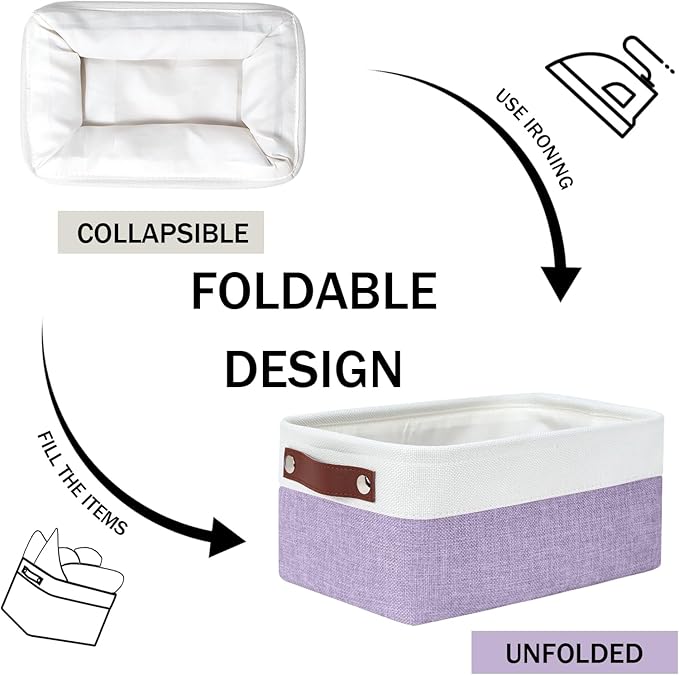 DULLEMELO Small Storage Baskets 6 Pack, Fabric Collapsible Gift Storage Baskets for Shelves, Closets, Nursery, Home, Office Organizing,Small Canvas Linen Rectangular Storage Bins (White&Purple)-Ruum Studio Home