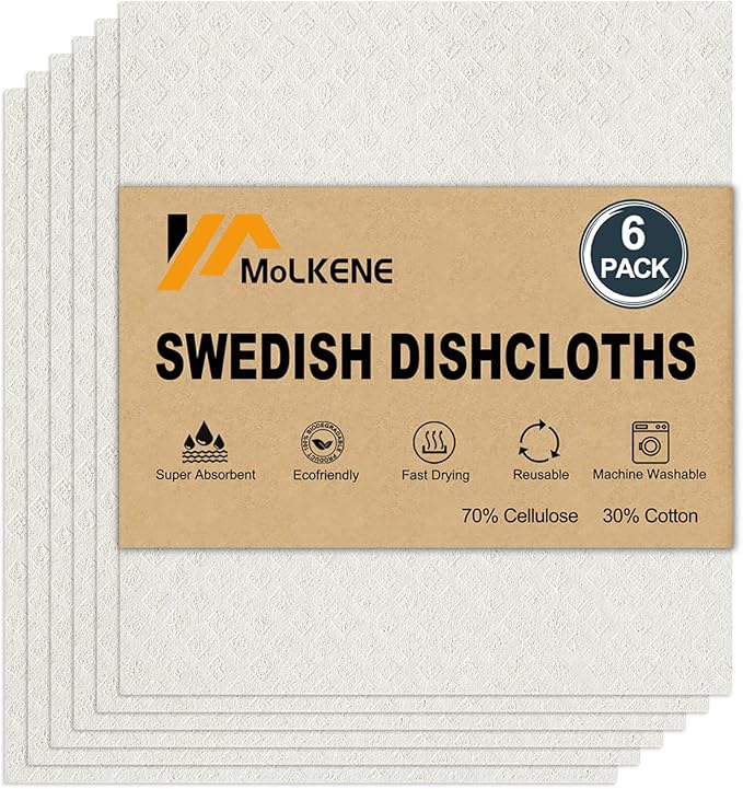 Swedish Dishcloths for Kitchen | 6 Pack Absorbent Cellulose Sponge Cloths Washable | Non-Scratch Reusable Paper Towels Quick Drying Cleaning Cloths - White-Ruum Studio Home