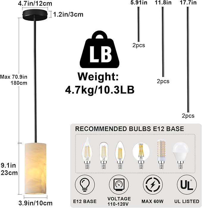 Alabaster Pendant Light Kitchen Island, H-9.5in Black Pendant Light Fixtures with Natural Marble Shade, Adjustable Ceiling Pendant for Dining Room, Living Room, Bedroom & Bathroom-Ruum Studio Home