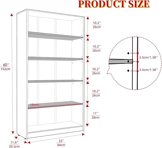 Bookshelf, Open Modern Bookshelf, 5 Shelf Bookcase with Freestanding Display Storage, Wooden Book Shelf for Bedroom, Living Room, Dinning Room, Office, 60 Inch, Black-Ruum Studio Home