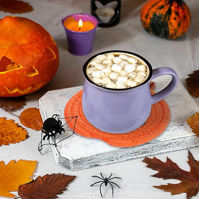 Whaline Halloween Pumpkin Cotton Coasters Colored Pumpkin Face Handmade Braided Drink Coasters Pink Purple Orange Absorbent Cup Mats for Trick or Treat Party Home Table Decor, Set of 4-Ruum Studio Home
