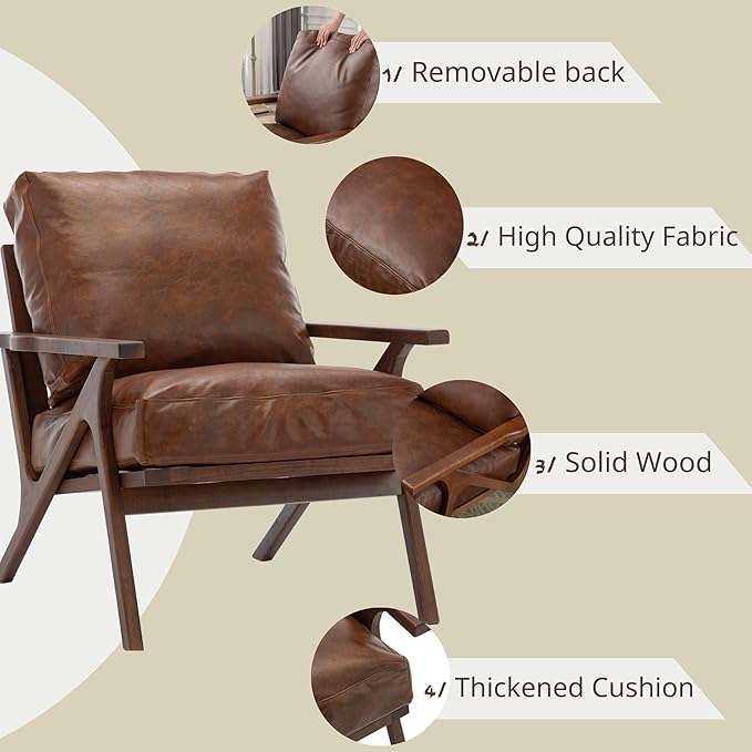 Wahson Brown Leather Accent Chair - Mid Century Modern Retro Upholstered Armchair with Wood Frame and Removable PU Cushions - Large Compfy Leisure Slipper Chair for Living Room/Bedroom (Set of 2)-Ruum Studio Home