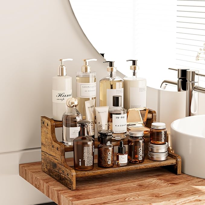 KLM 3-Tier Spice Rack, 13.8 Inch Wood Step Shelf Countertop Spice Storage Holder, Kitchen Pantry Cabinet Organizer Cupboard for Spice Bottles, Jars, Seasonings, Baking Supplies,Bathroom Organizer-Ruum Studio Home