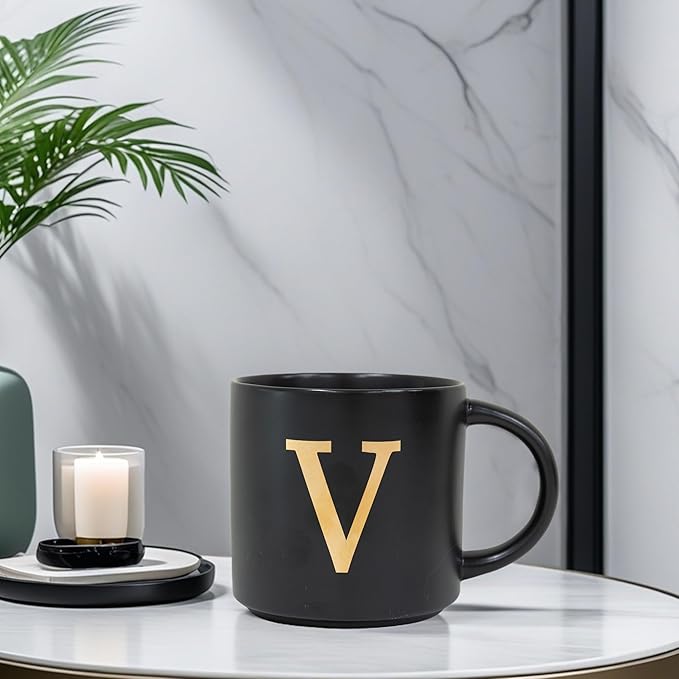 COLLECTIVE HOME - Monogram Ceramic Mugs, 15 oz Golden Initial Black Coffee Cups, Elegant Alphabet Tea Mugs, Elegant Personalized Mug with Gift Box, Unique Mug with Double Side Capital Lette (V)-Ruum Studio Home