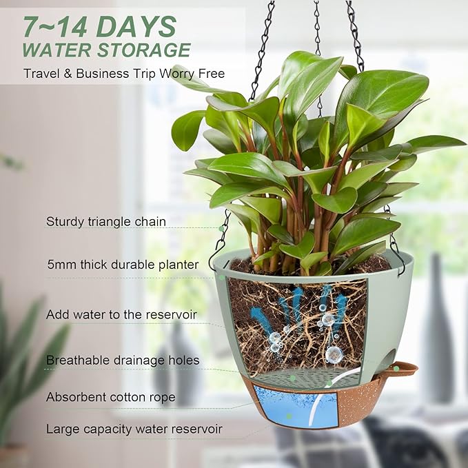 Hanging Planters for Indoor Outdoor Plants, 2 Pack Self Watering Hanging Pot with Drainage Holes & Removable Tray (Green, 8'')-Ruum Studio Home