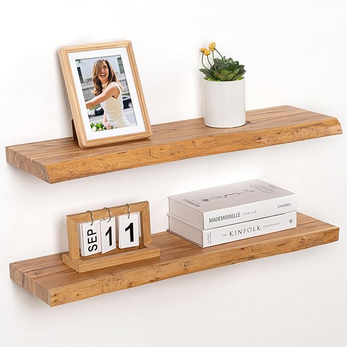 RICHFOCUS Live Edge Elm Floating Shelves - 30" W x 9.3" D Rustic Solid Wood Wall Shelves with Invisible Bracket, Wall-Mounted for Living Room, Bedroom, Kitchen Storage & Display, Set of 2, Natural-Ruum Studio Home