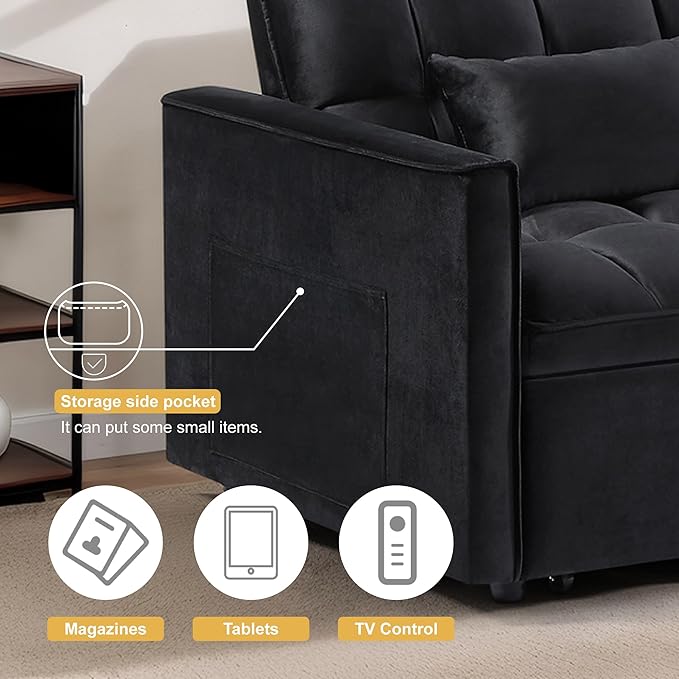 3 in 1 Convertible Sleeper Sofa Bed, Couch with Pull Out Bed with Side Pocket, Convertible Love Seat Sleepers Couch for Living Room, Bedroom, Black-Ruum Studio Home