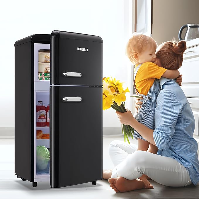 Mini Fridge Dual Door Refrigerator with Freezer, 3.5 Cu.Ft Compact Refrigerator with Handle, Adjustable Temperature & Removable Glass Shelves, for Apartment/Dorm/Office/RV, Black-Ruum Studio Home
