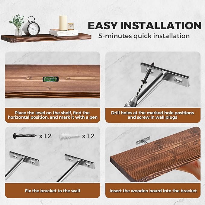 Floating Wall Shelves 2-Pack - 24-Inch Rustic Brown Wooden Shelves for Storage and Décor, Easy Installation for Living Room, Bedroom, and Kitchen-Ruum Studio Home