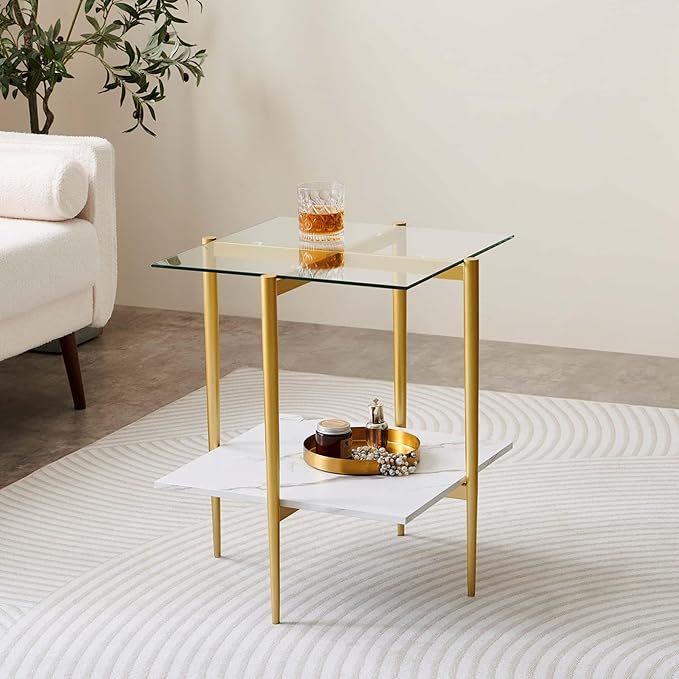 Square Glass End Table, Mid-Century Modern Design Sofa Table, for Living Room, L18 x W18 x H23, Clear Glass Top and White Marble MDF Shelf, Sleek Conical Metal Legs with Gold Finish-Ruum Studio Home