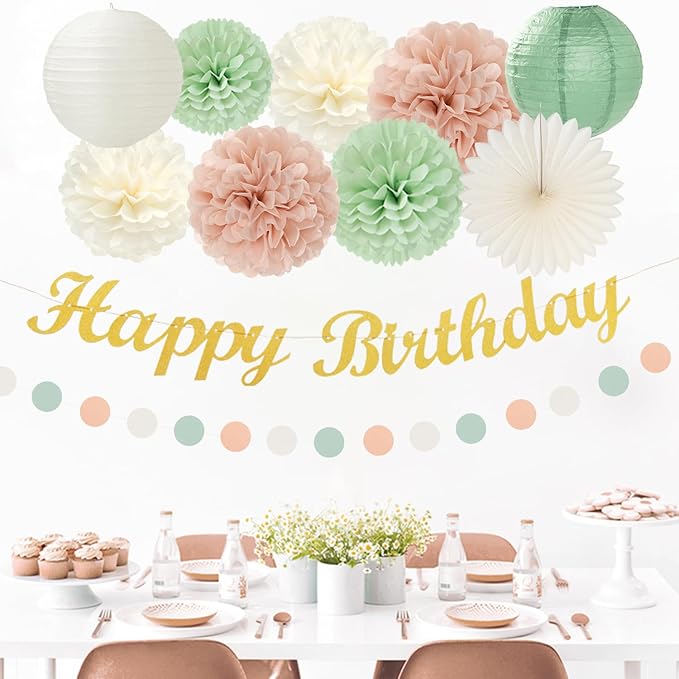 Sage-Green Blush-Pink Birthday Garland Party-Decorations - 14pcs Happy Banner 21st Spring Paper Flowers Lanterns Beige Tissue Pom Poms,Boho Streamers Fans,Neutral Rustic Hanging Supplies Decor Hugfond-Ruum Studio Home
