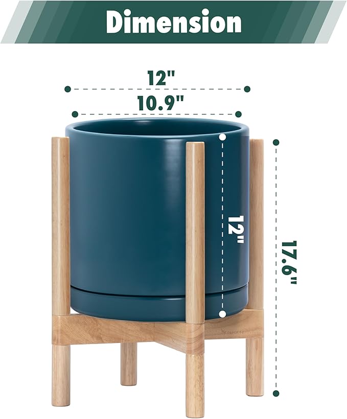 D'vine Dev Ceramic Planter with Natural Stand - 12 Inch Modern Round Flower Pot with Wood Planter Holder, Teal, 55-B-J-4-Ruum Studio Home