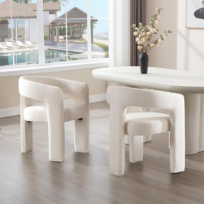 White Chenille Dining Chairs Set of 2, Modern Barrel Dining Room Chairs Upholstered Accent Chair with Arms and Round Back for Living Room Kitchen Armchair No Assembly Needed-Ruum Studio Home