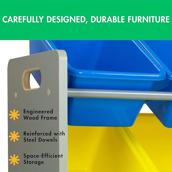 Humble Crew Kids Toy Storage Organizer with 12 Plastic Bins, Grey/Blue/Green/Yellow – Removable Bins for Playroom, Bedroom, Toddler Furniture for Boys and Girls Ages-Ruum Studio Home