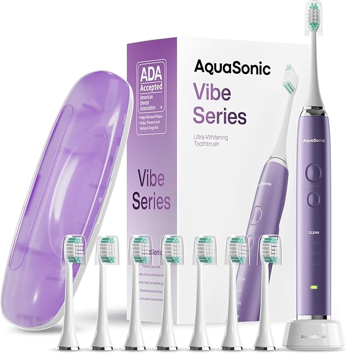 Aquasonic Vibe Series Ultra-Whitening Toothbrush – ADA Accepted Electric Toothbrush - 8 Brush Heads & Travel Case – 40,000 VPM Motor & Wireless Charging - 4 Modes w Smart Timer – Satin Violet-Ruum Studio Home