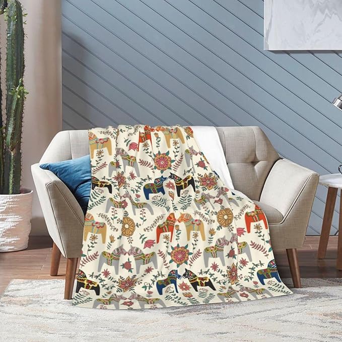 Swedish Dala Horses Throw Blanket Soft Fleece Blanket Men Women Gift for Kids Boys Girls for Party Couch Sofa Bed Deco Blankets 60x50 Inches-Ruum Studio Home