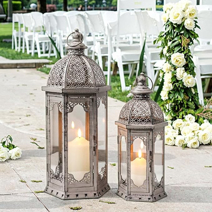 JHY DESIGN Set of 2 Decorative Candle Lanterns 22"&17" H Vintage Metal Candle Holder for Garden Indoor Outdoor Parties Weddings Patio Home Decor(Grey with Black Brush)-Ruum Studio Home
