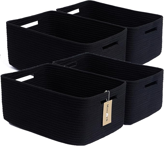 Large Storage Baskets for Organizing, Closet Shelf Baskets for Clothes Blanket Towels, Baby Nursery, Toy Bins Box, Woven Rope Baskets, 17 x 13 x 7.5”, 4 Packs Black-Ruum Studio Home