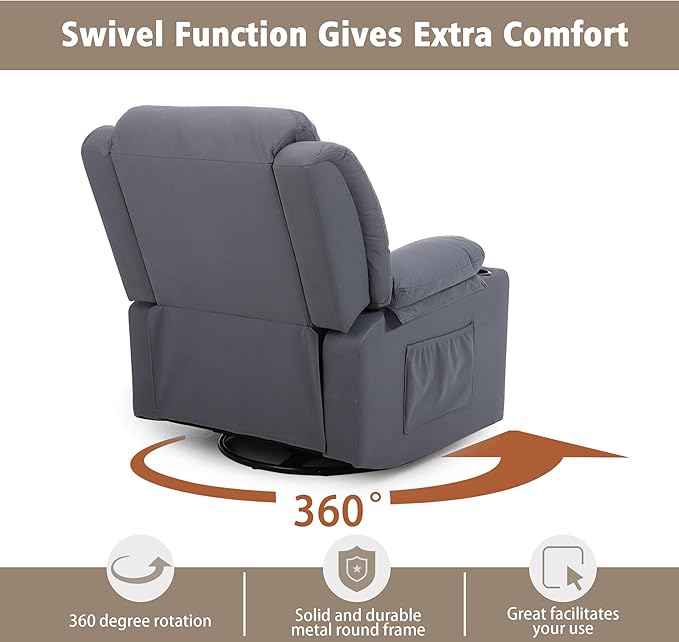 Rocker Swivel Recliner Chair for Adults, Overstuffed Large Manual Recliner Glider with Massage and Heat, Comfy Soft Fabric Living Room Reclining Sofa Chair(Technical Grey)-Ruum Studio Home