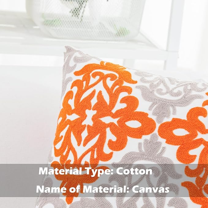 HWY 50 Orange Fall Decorative Throw Pillow Covers 18x18 Inch (1 Piece), Embroidered Cotton Farmhouse Cushion Cover Pillow Case for Sofa Couch Living Room Bed Bedroon, Floral Geometric-Ruum Studio Home