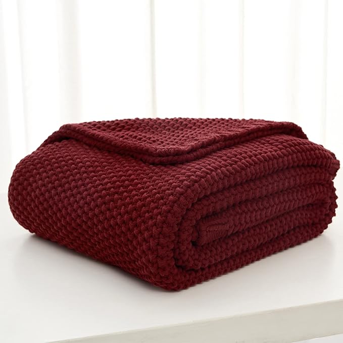 Longhui bedding Chunky Cable Knit Throw Blanket Lightweight Burgundy 100% Organic Cotton Blanket for Sofa Couch Bed Baby Nursery, Rustic Shabby Chic Modern Farmhouse, 51” x 63” Give Laundering Bag-Ruum Studio Home