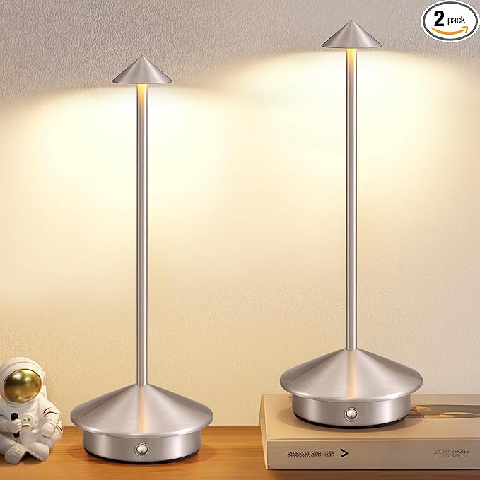 Modern Cordless Table Lamp Set of 2, Portable LED Desk Lamps, 5000mAh Rechargeable Battery Operated Lighting for Bedroom Dining Room Restaurant Coffee Shop Camping Night Light (Brushed Nickel)-Ruum Studio Home