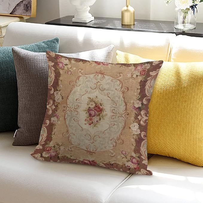 RURALS Antique Rose Floral French Aubusson Rug Decorative Pillow Covers Cozy Soft Throw Pillowcase Square Couch Cushion Cover for Home Decor Sofa Living Room Bed Car 18x18 Inch-Ruum Studio Home