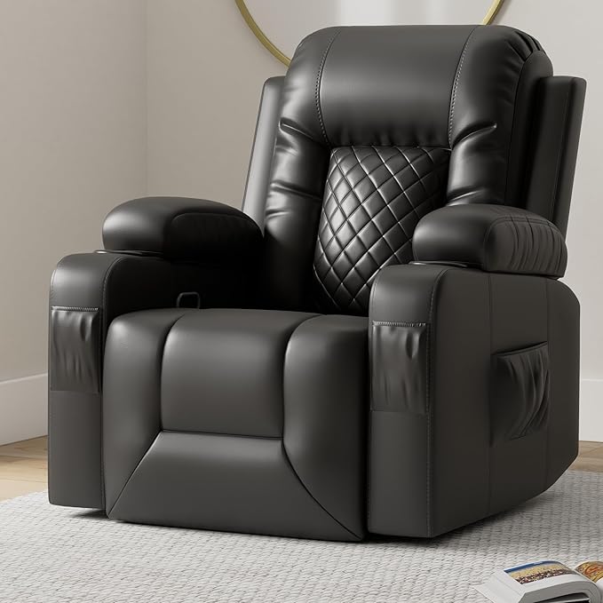 Recliner Chairs for Adults, FSC Certified Massage Rocker with Heated Modern Ergonomic Lounge 360 Degree Swivel Single Sofa Seat Living Room Lounge Recliners Black-Ruum Studio Home