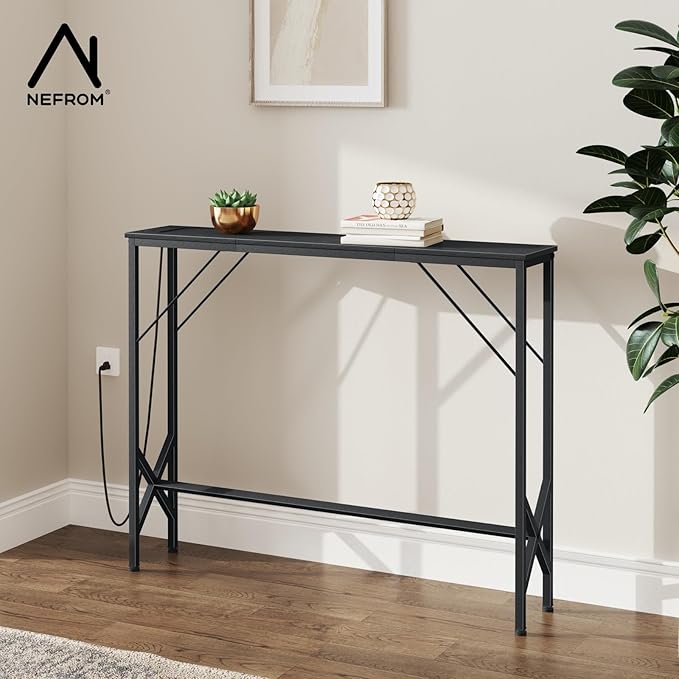 39.4" Console Table, Skinny Entryway Table with Fast-Charging Station, Narrow Long Sofa Table, Behind Slim Couch Table for Entrance, Hallway, Living Room Decor ST-BK100-1-Ruum Studio Home