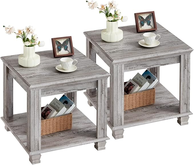 Farmhouse End Table Set of 2,Large Side Table with 2-Tier Storage Shelf,Rustic Wood End Tables for Living Room,Square Tea Table,Gray-Ruum Studio Home