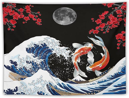 Houselerax Japanese Koi Fish Tapestry, Yin Yang Big Wave Red Cherry Blossom Tapestries Wall Hanging for Bedroom Living Room Office Decor 90"x60"-Ruum Studio Home