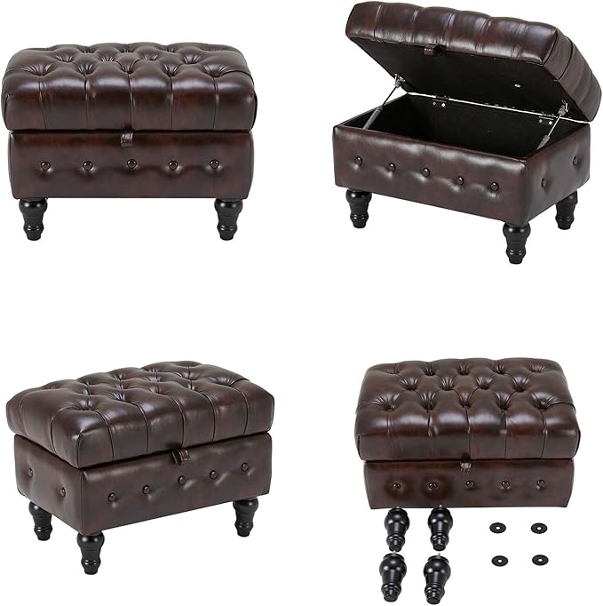 Artechworks Coffee Table Ottoman with Storage,Button Tufted PU Leather Upholstery Footstool Bed Ottoman for Living Room, Home Office, Space-Saving Storage Toy Box Stool, Brown-Ruum Studio Home