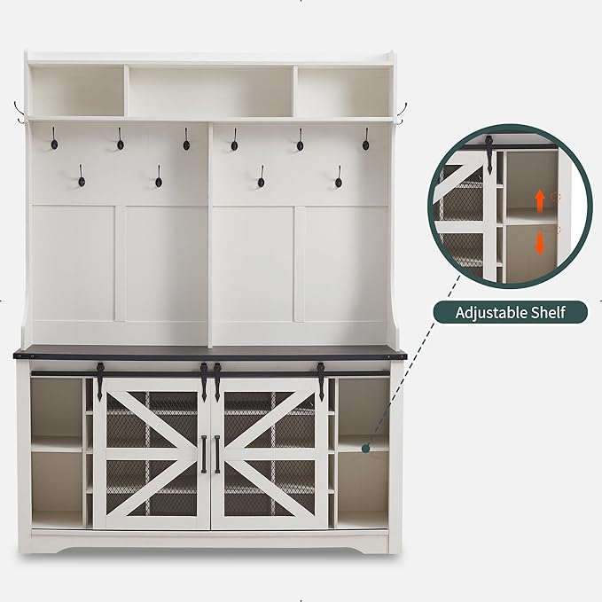 JXQTLINGMU 59" Farmhouse Hall Tree with Shoe Storage, Entryway Bench with 20 Cubbies, 12 Hooks & Sliding Barn Doors, Mudroom Coat Rack Cabinet, Off White-Ruum Studio Home