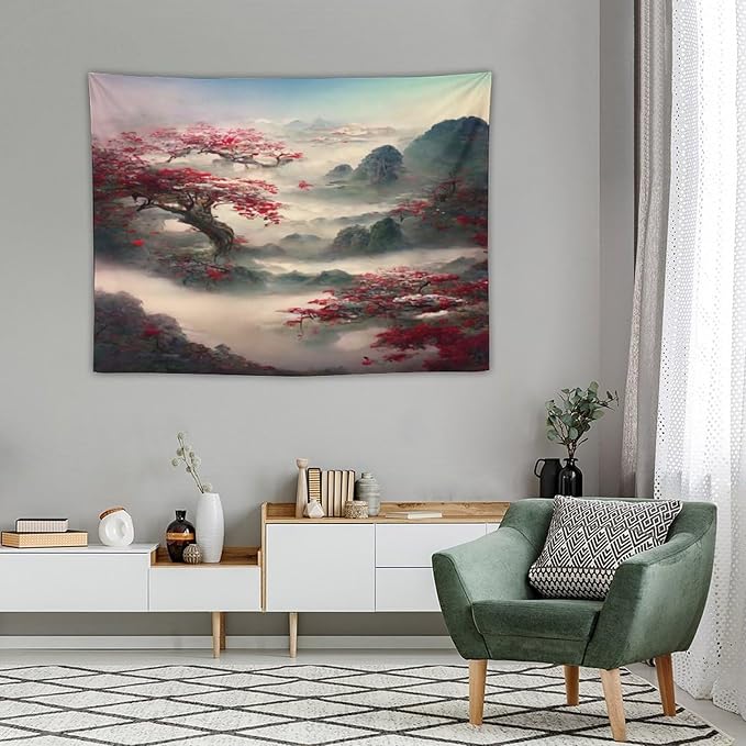 Houselerax Japanese Tapestry, Red Plum Cherry Blossom Mountain Tapestries, Asian Japanese Wall Decor, Nature Landscape Tapestries for Bedroom Living Room Decor 40"x30"-Ruum Studio Home