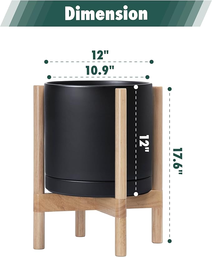 D'vine Dev Ceramic Planter with Natural Stand - 12 Inch Modern Round Flower Pot with Wood Planter Holder, Black, 55-B-J-2-Ruum Studio Home