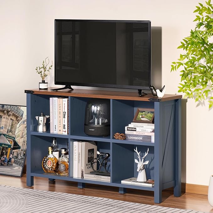 6 Cube Bookcase, Farmhouse Wood Low Storage Organizer Book Shelf, 47" Horizontal Navy Blue Console Bookshelf with Legs, Hallway Book Case for Entryway, Display Cabinet for Living Room, Office-Ruum Studio Home