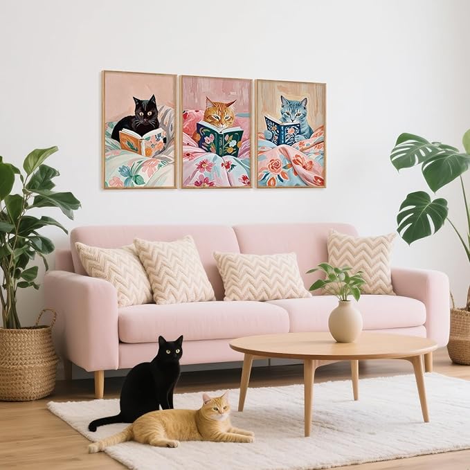 HPNIUB Framed Vintage Black Cats Canvas Wall Art, Funny Animal Reading Books Poster Printing Pictures, Pink Cute Cat Lovers Wall Decor for Girls Room Bedroom Kids Room Living Room Classroom- 24 x36 x3-Ruum Studio Home
