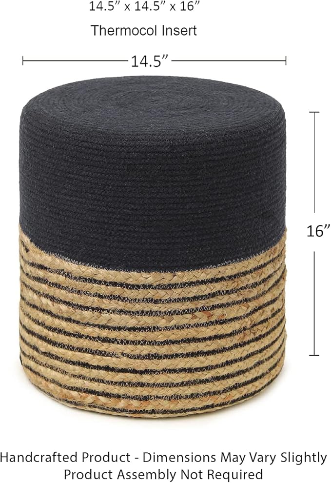REDEARTH · Cylindrical Pouf Ottoman - Braided Pouffe Accent Sitting Round Footrest for Living Room, Bedroom, Nursery, kidsroom, Patio, Gym; 70% Cotton 30% Jute, (14.5x14.5x16; Black Natural)-Ruum Studio Home