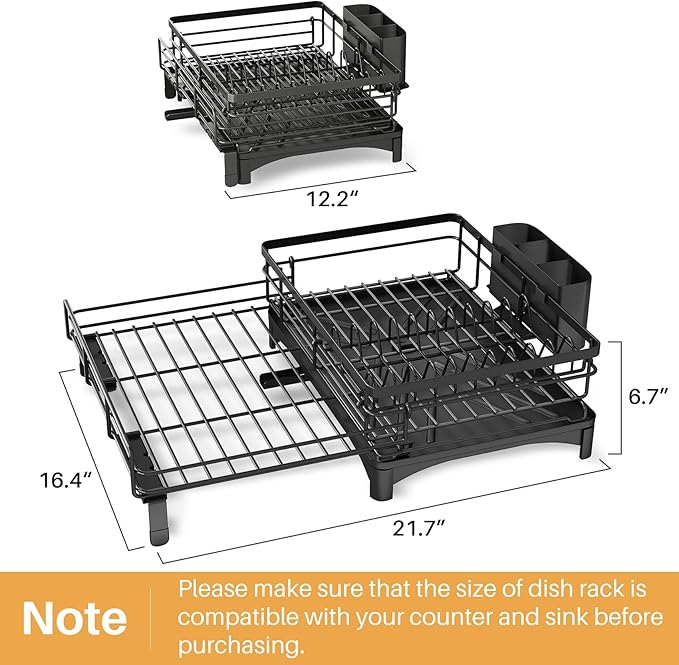 Dish Drying Rack - Extendable Dish Rack, Large Sink Drying Dish Drainer for Kitchen Counter, Stainless Steel Dish Strainer with Utensil Holder (Black)-Ruum Studio Home