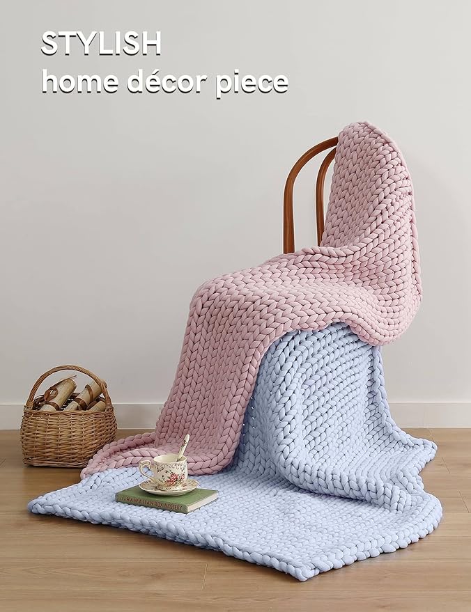 YnM Chunky Throw Blanket, Medium-Weight, Hand Knitted, Skin Friendly, Ventilated and Breathable, Machine Washable, Home Décor Piece for Couch, Sofa and Bed (Atlantis Blue, 50x70 Inch)-Ruum Studio Home