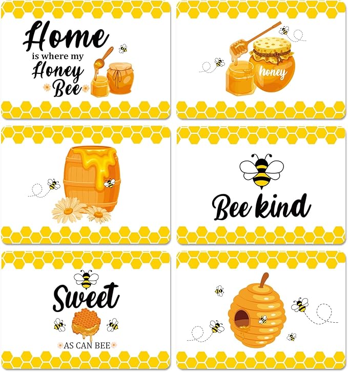 Honey Bee Placemats Set of 6 Summer Plastic Table Mats Yellow Bee Theme Placemats Washable Farmhouse Rustic Holiday Table Decoration for Indoor Outdoor Party Kitchen Dining-Ruum Studio Home