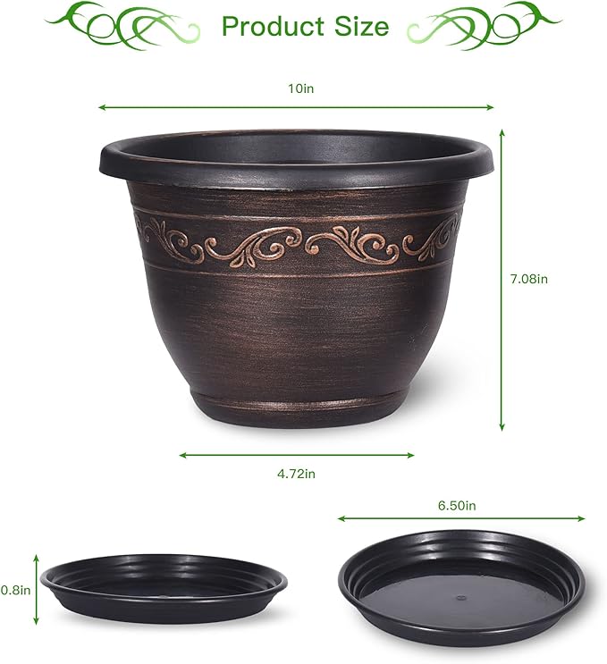 Plastic-Plant-Flower-Planters-10 Inch with Drainage Hole & Saucer, 3 Packs Lightweight Small Resin Flower Pot Indoor Outdoor, Retro Antique Imitation Decorative Garden Containers Sets for Houseplants-Ruum Studio Home