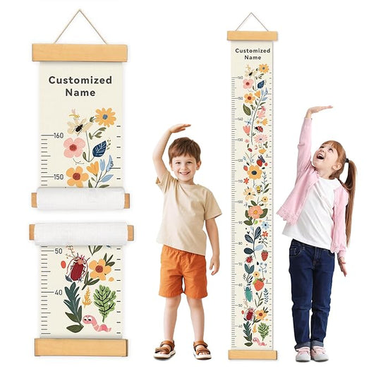 Personalized Name Growth Chart Wall Decor for Kids – Canvas Removable Height Chart Measuring Ruler 59" x 7.9" (Flowers)-Ruum Studio Home