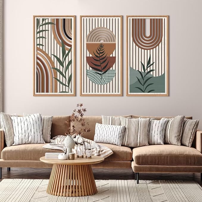 IARTTOP Large Boho Wall Art Set Of 3 Framed Mid Century Modern Wall Decor Abstract Geometric Wood Wall Art For Bedroom Living Room Office 16"x 32"-Ruum Studio Home