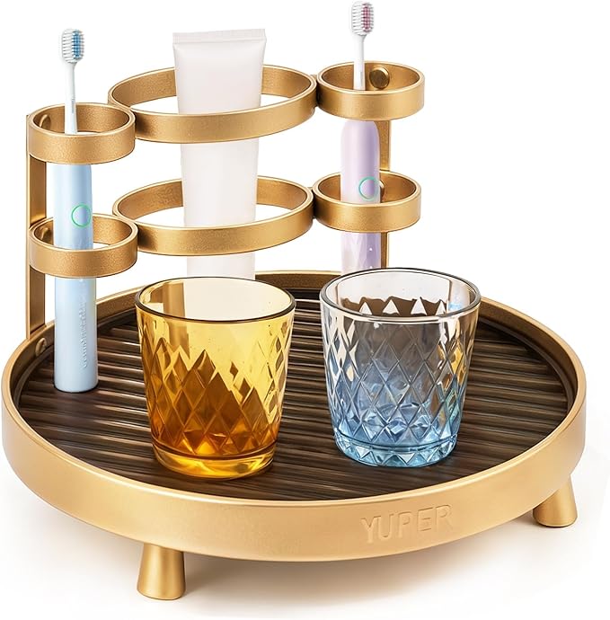 YUPER Bathroom Counter Organizer, Round Bathroom Organizers and Storage with Toothbrush Holder, Makeup Storage Vanity Tray Perfume Organizer, Bedroom Corner Counter Storage Sink Shelf Gold-Ruum Studio Home