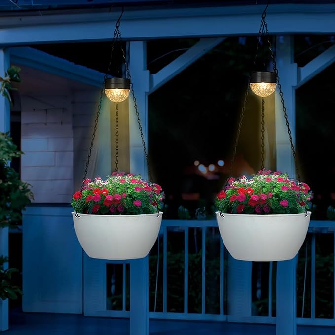 2 Packs Hanging Planters Basket for Outdoor Plants, Solar Powered Self Watering White Round Plastic Flower Pots with Drainer for Balcony Patio Garden Outdoor Decoration-Ruum Studio Home