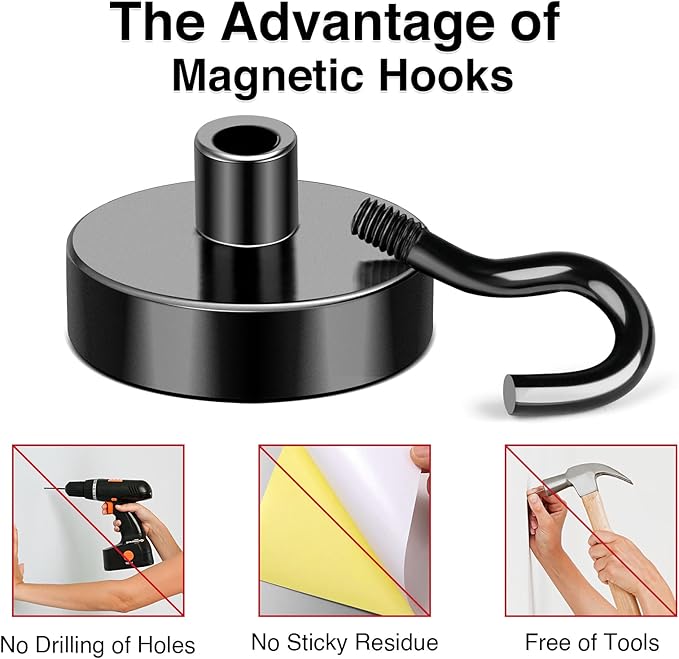 MIKEDE Magnetic Hooks, 40Lbs Strong Neodymium Black Magnet Hook for Hanging, Heavy Duty Magnetic Hooks Classroom Must Have, Magnet with Hooks for Home, Kitchen, Workplace, School - Pack of 10-Ruum Studio Home