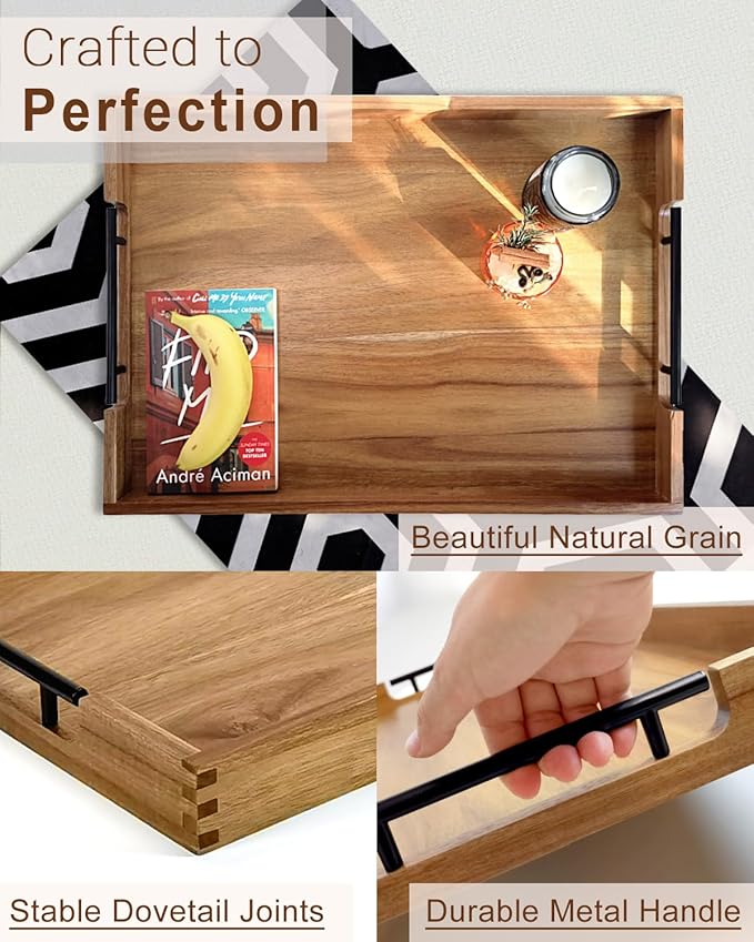 22 Inches Acacia Wood Serving Tray with Metal Handles, Large Wooden Rectangle Ottoman Tray, Decorative and Durable Design for Living Room Coffee Table Couch Kitchen-Ruum Studio Home